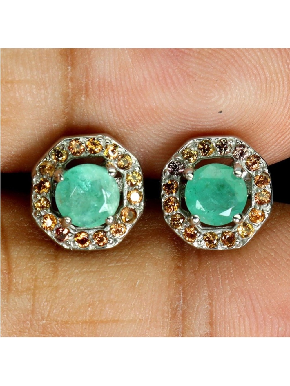 Gorgeous Genuine Emerald with Sapphire Halo Stud Earrings 925 Sterling Silver